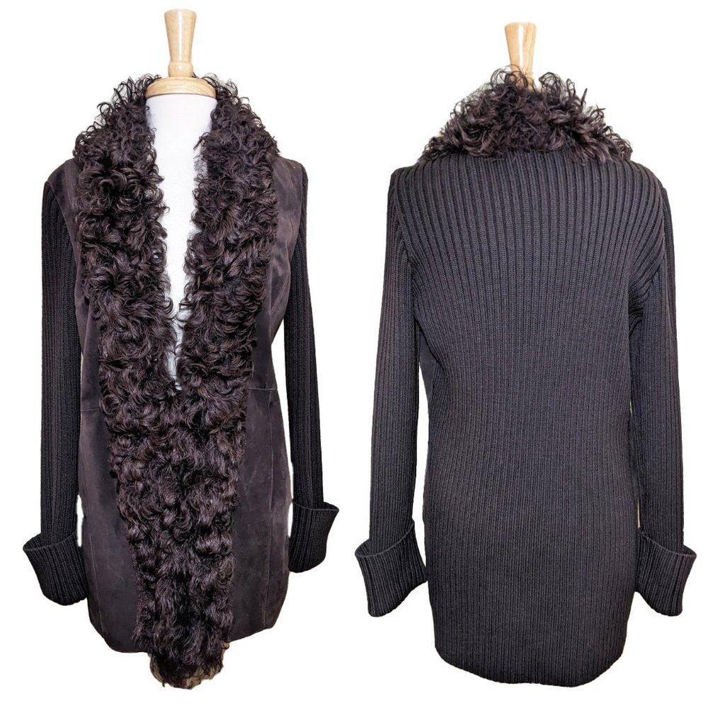Vintage DANA BUCHMAN Suede/Wool Open Jacket/Coat + Lamb Fur Collar